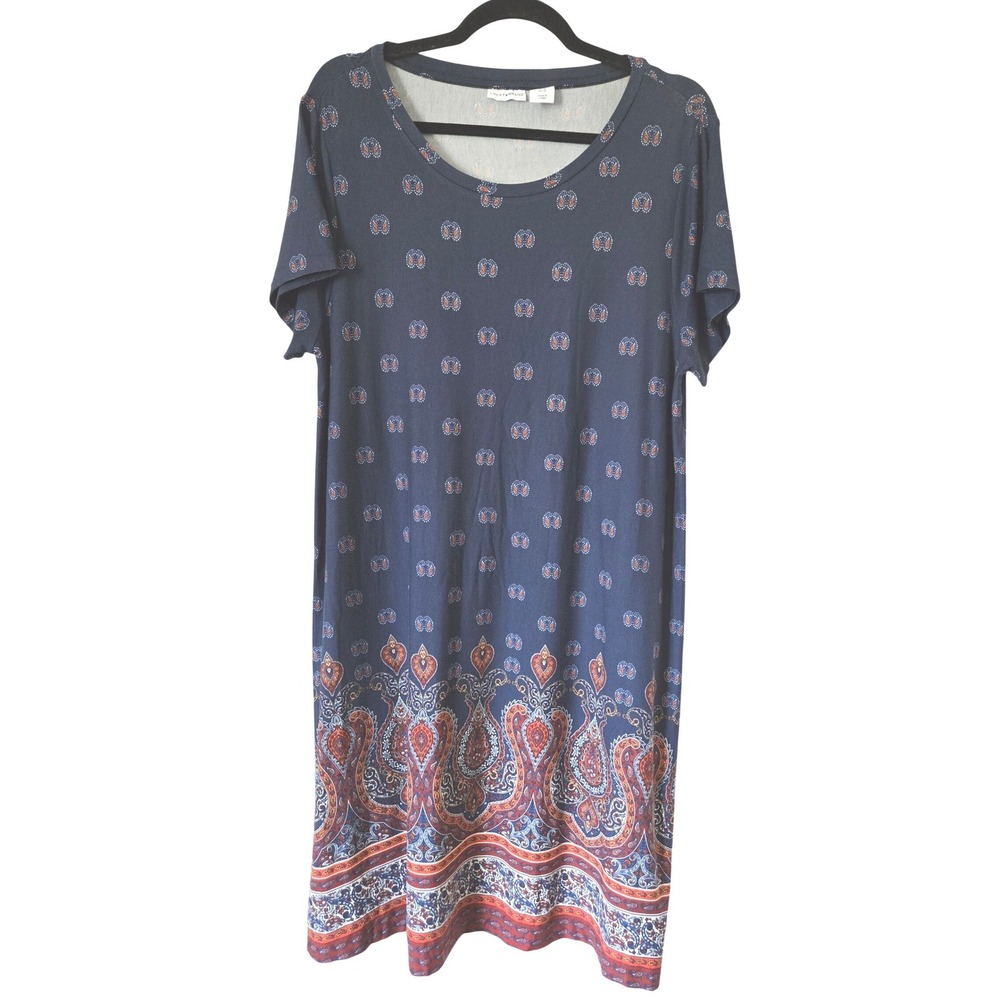 Lucky Brand Womens 1X Navy Blue Paisley Border Print Short Sleeve T-Shirt Dress